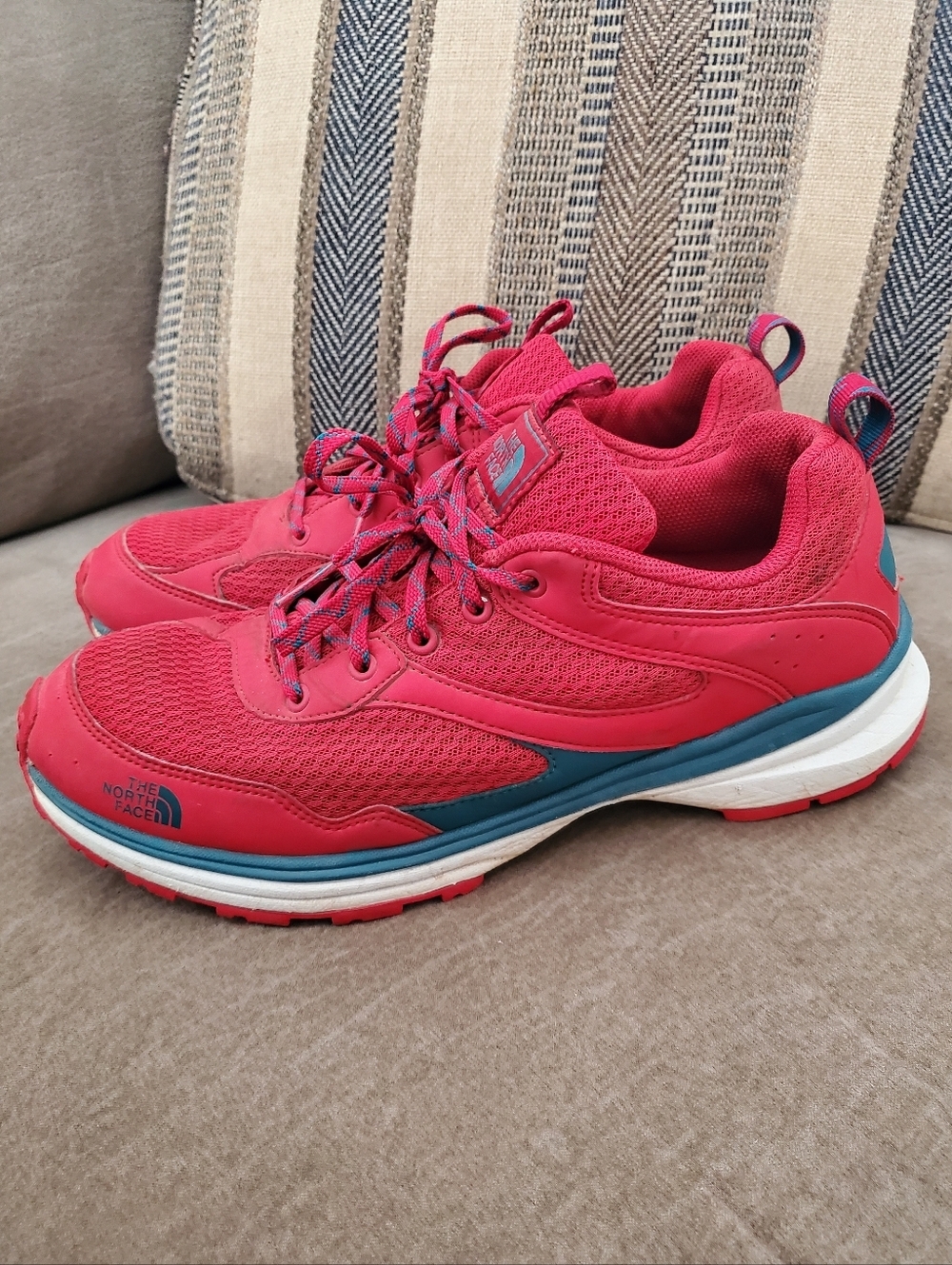 The North Face trail shoes In red and navy mesh women's size 9